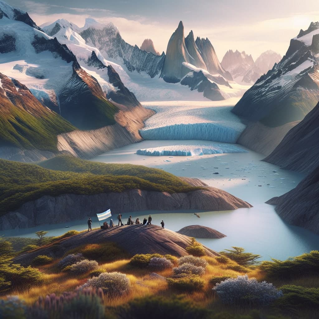 Trilha deslumbrante em meio aos glaciares da Patagônia, com montanhas majestosas ao fundo.