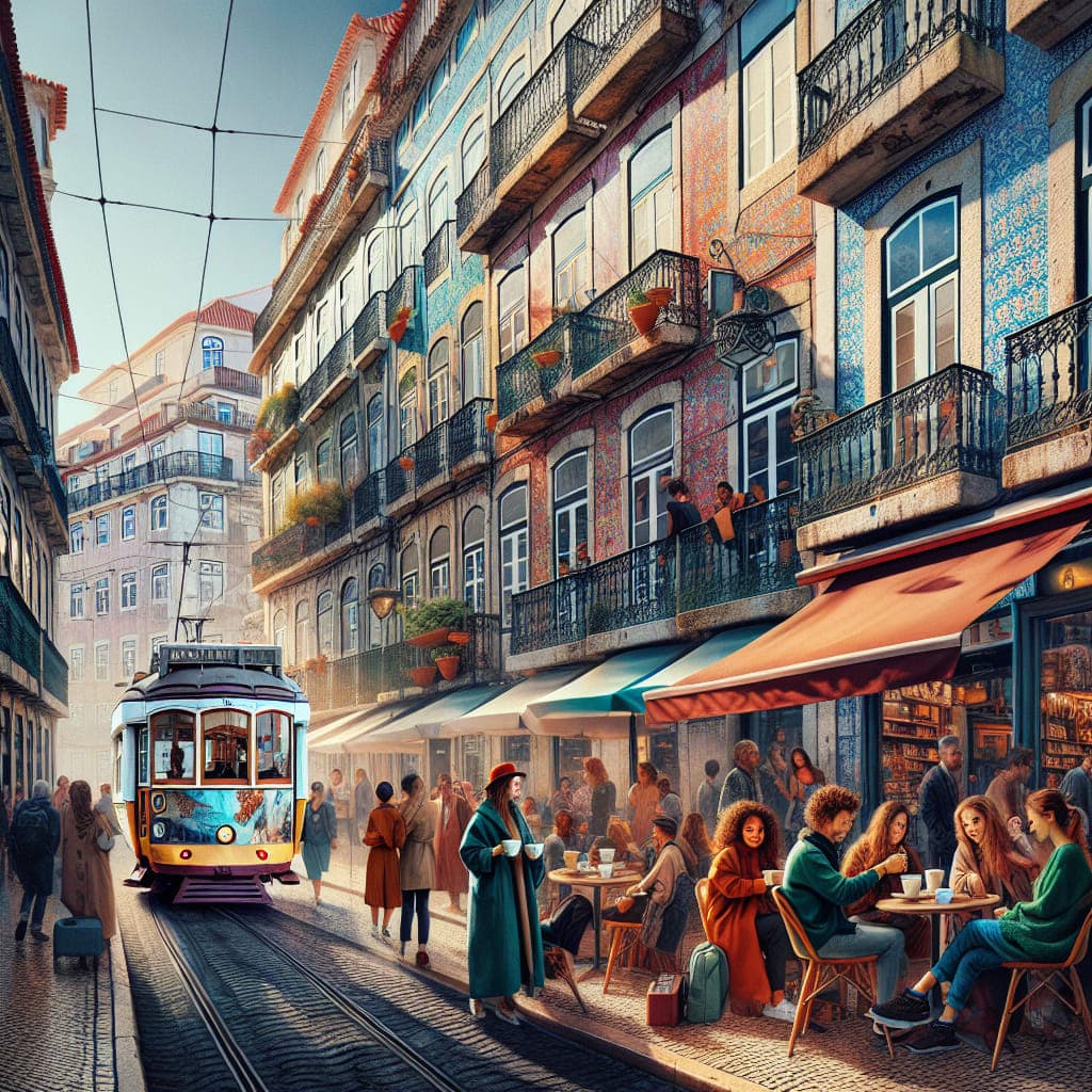 Vista panorâmica de Lisboa com azulejos coloridos e o Tejo ao fundo.