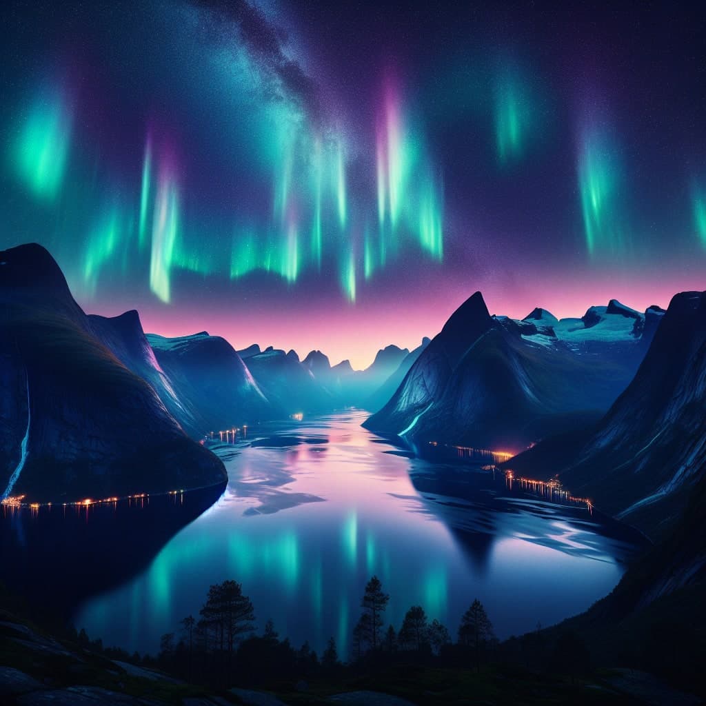 Vista panorâmica dos fiordes da Noruega sob a aurora boreal iluminada.