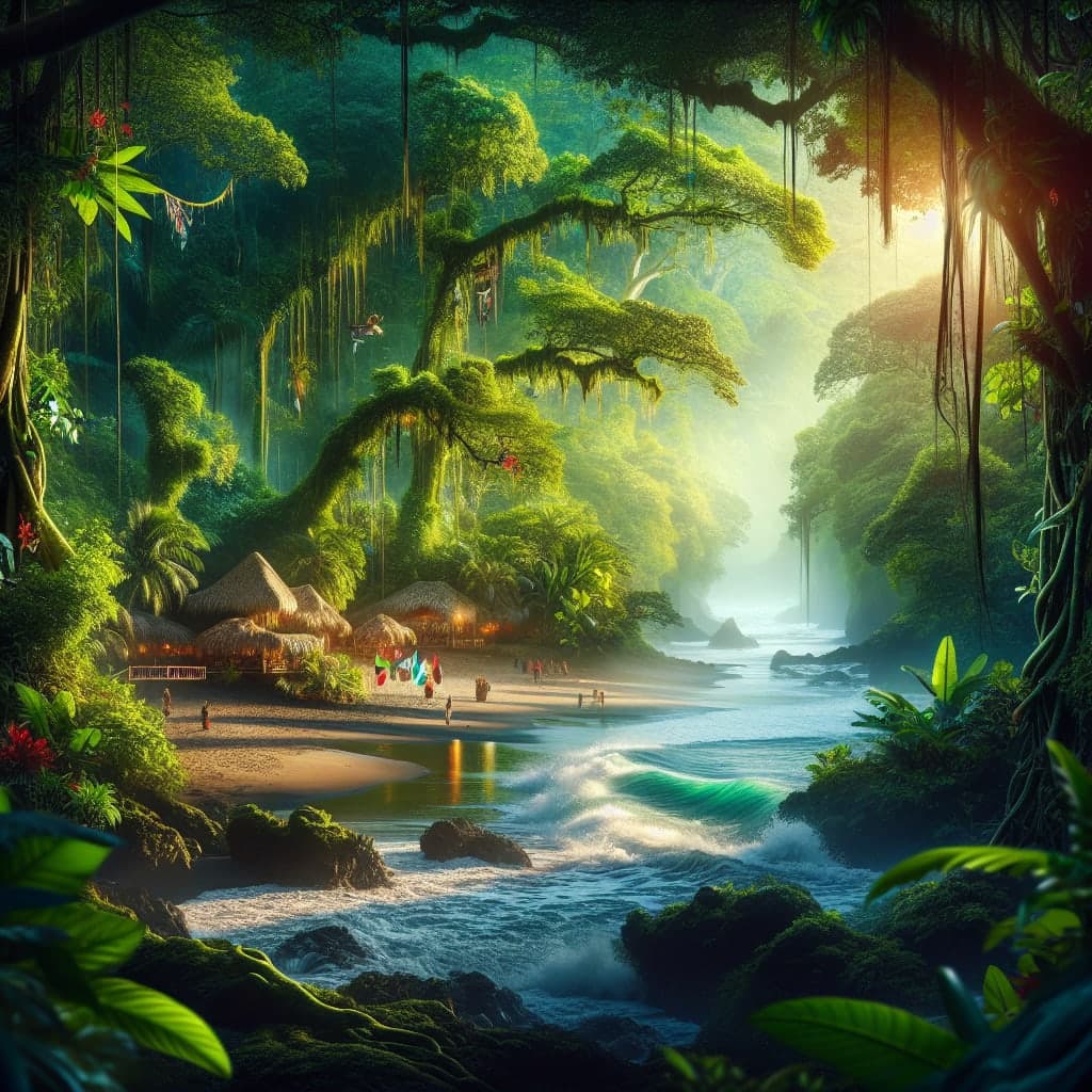Cenário deslumbrante da Costa Rica com selva tropical e praia paradisíaca.
