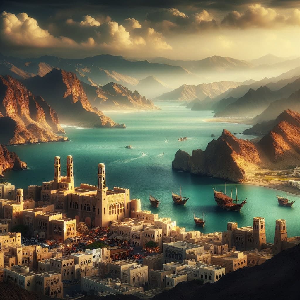 Vista panorâmica das montanhas e praias de Omã, com destaque para as tradições locais.
