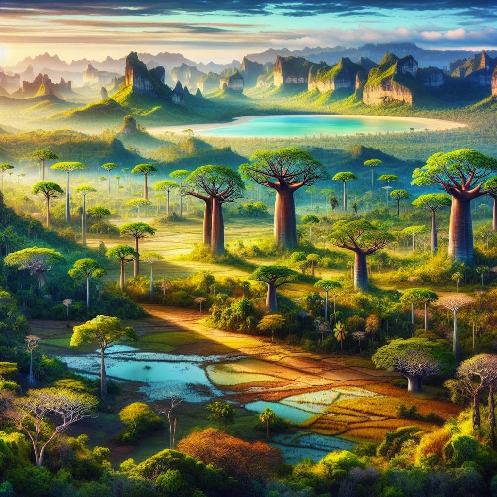 Floresta tropical em Madagascar com lêmures e orquídeas exóticas.