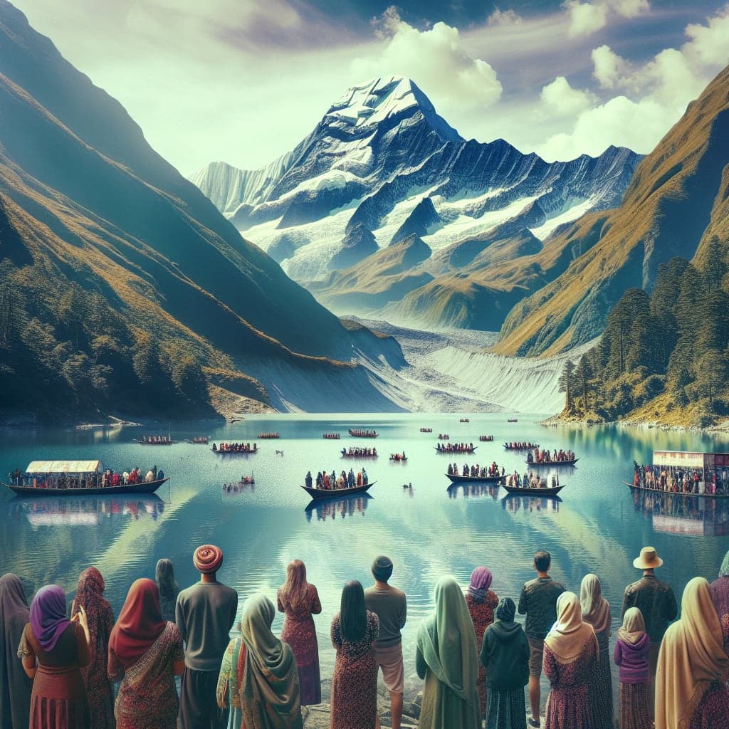 Vista panorâmica das montanhas do Himalaia e templos no Nepal, refletindo a espiritualidade do país.