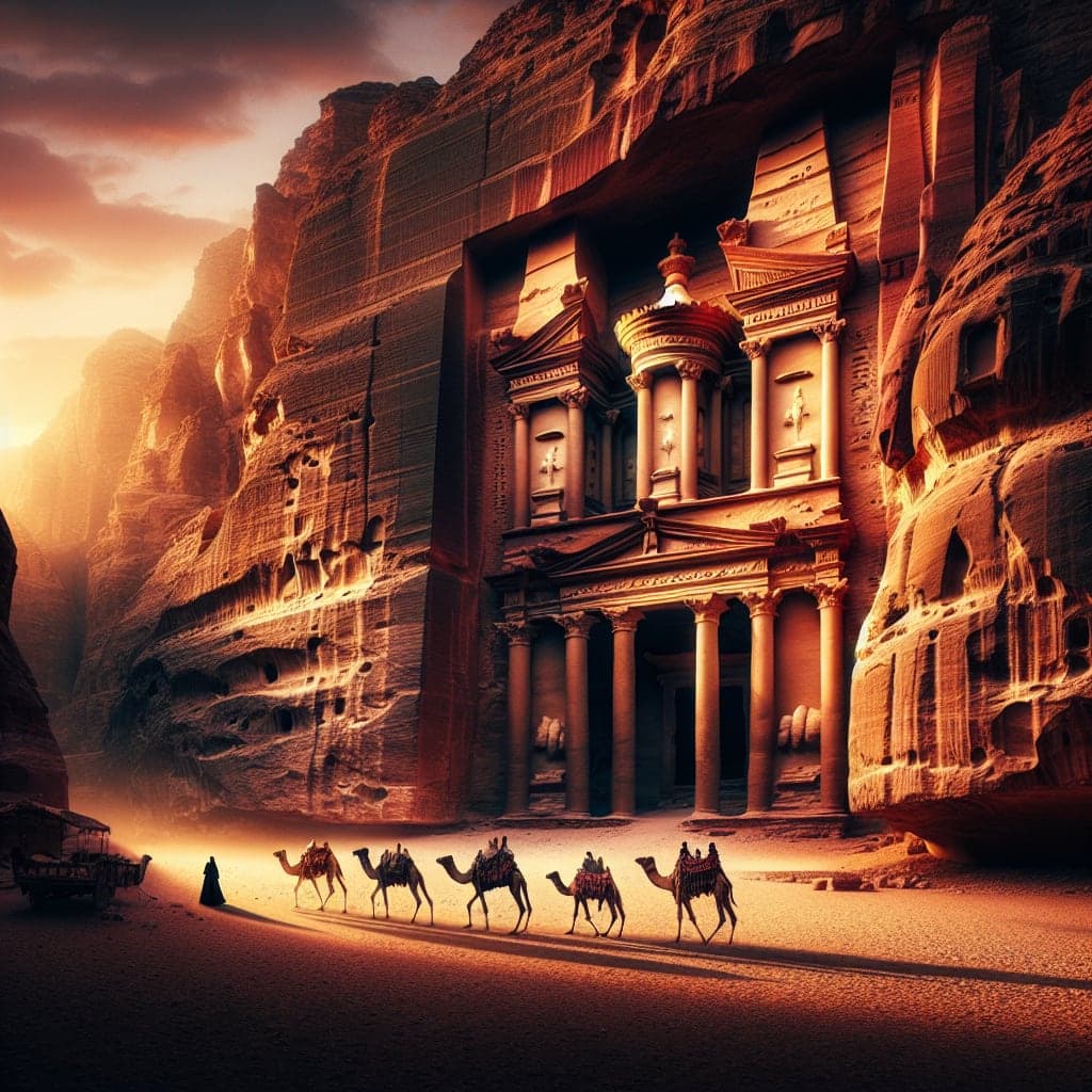 Vista panorâmica de Petra com suas formações rochosas e arquitetura antiga.