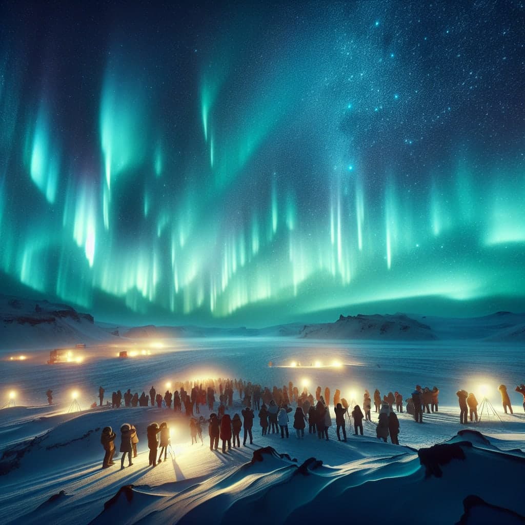 Auroras boreais iluminando o céu da Islândia no inverno, com paisagens congeladas ao fundo.