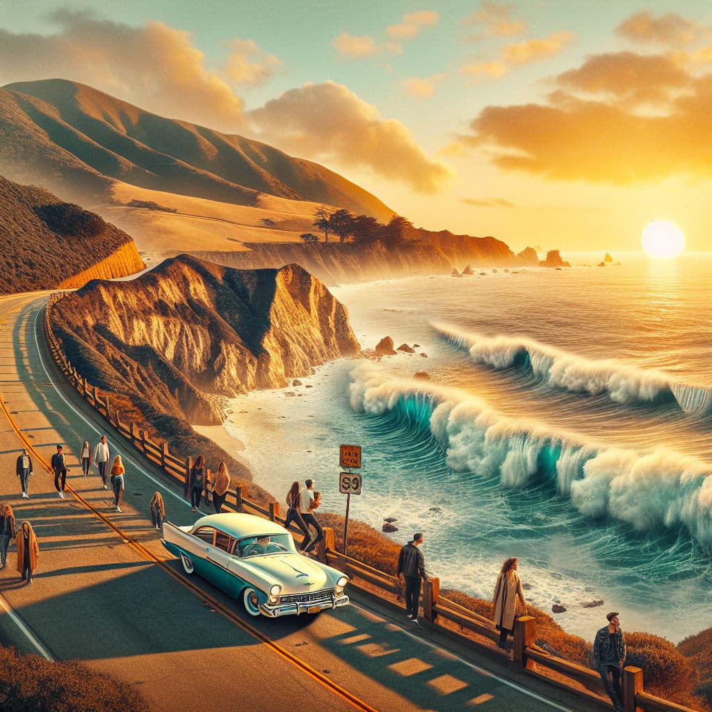 Vista da Golden Gate Bridge em San Francisco ao pôr do sol, com barcos na baía.