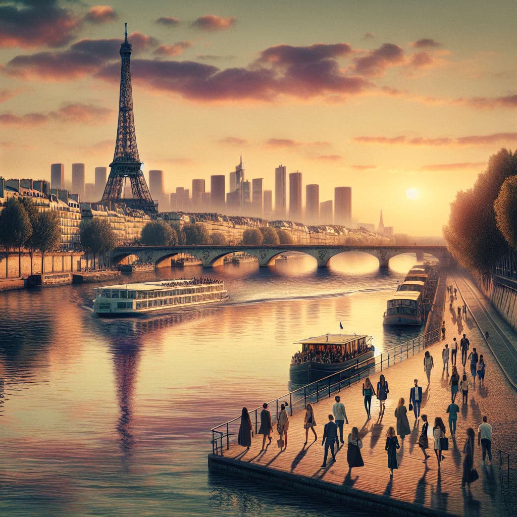 Pôr do sol sobre o Sena em Paris, com a Torre Eiffel ao fundo e um barco navegando.