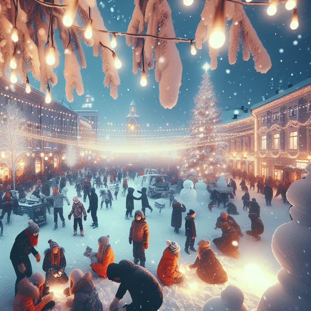 Florestas cobertas de neve na Lapônia com auroras boreais ao fundo.