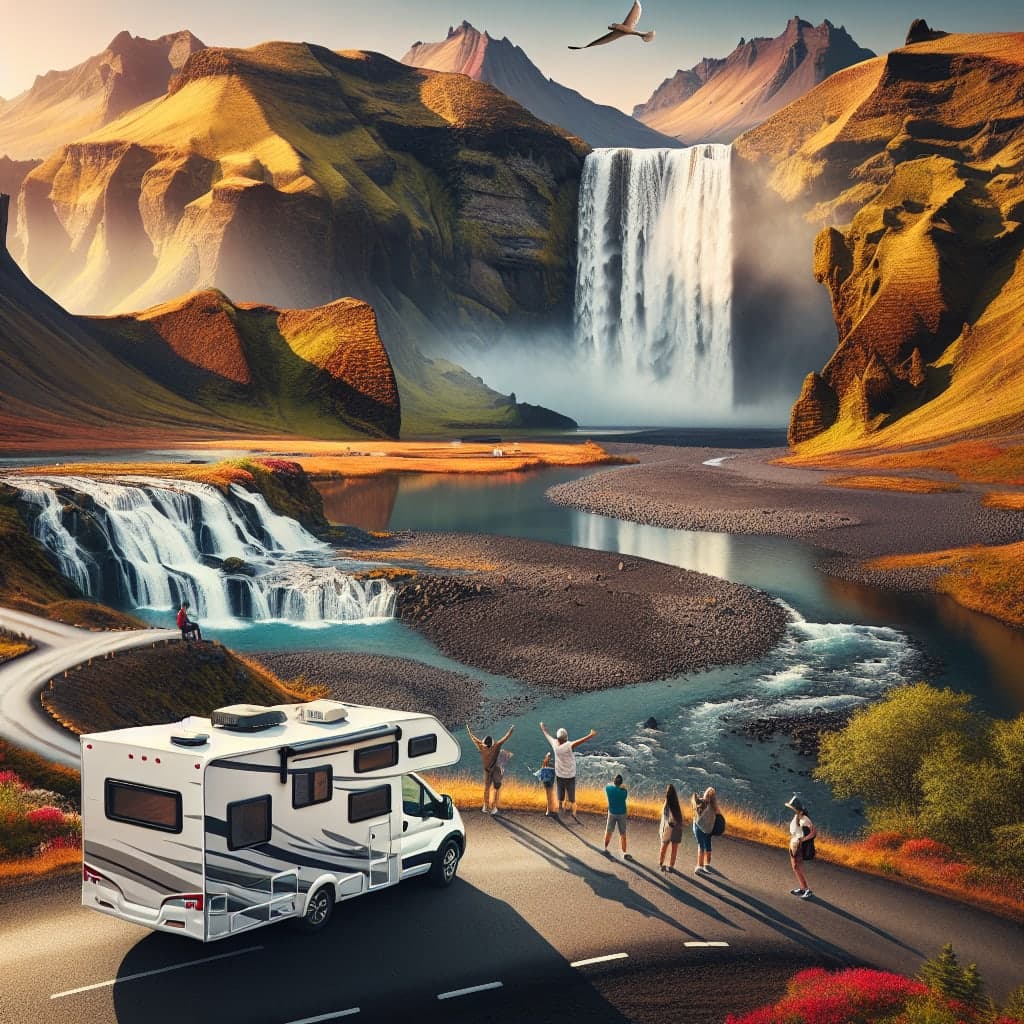 Motorhome explorando as paisagens deslumbrantes da Islândia, incluindo montanhas e cachoeiras.