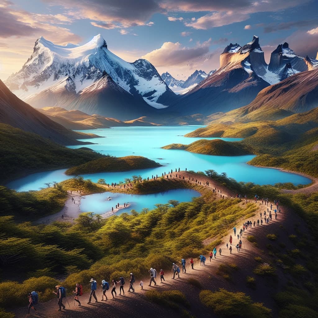 Cenário deslumbrante do Chile Austral com lagos azuis e vulcões majestosos