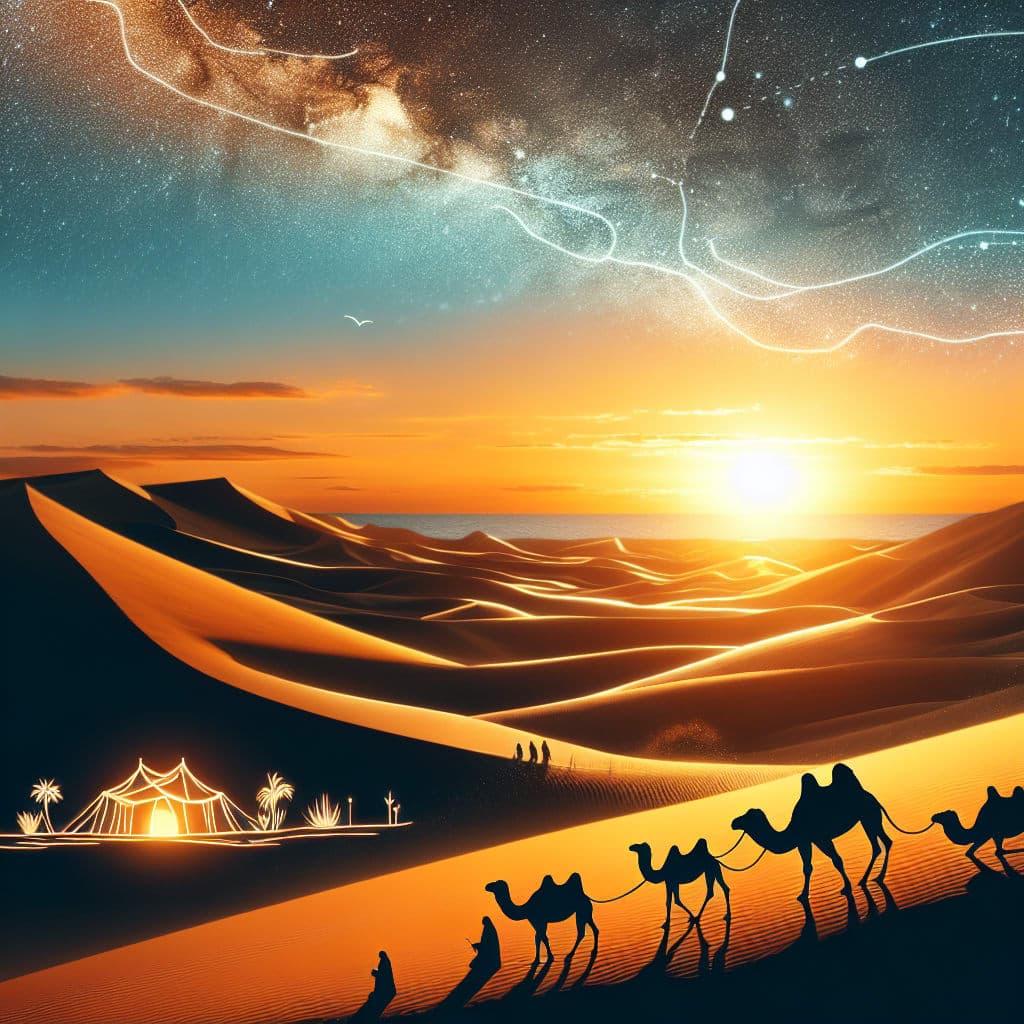 Acampamento sob estrelas no Deserto do Saara com dunas douradas ao fundo.