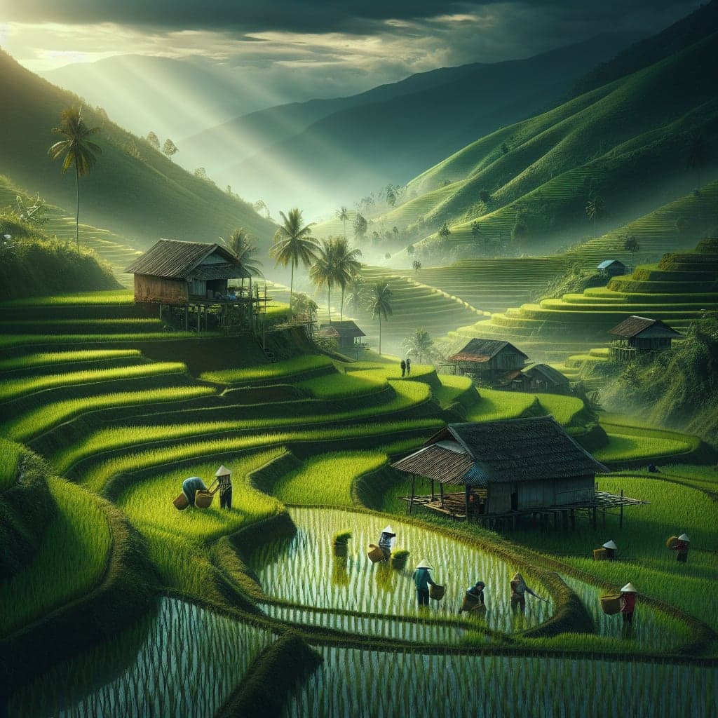 Vista panorâmica dos arrozais vibrantes e templos milenares no Vietnã e Camboja