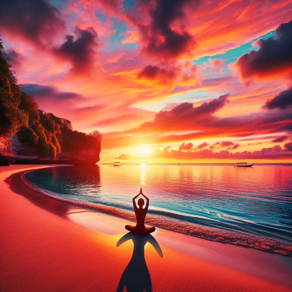 Praia de Seminyak ao pôr do sol, com águas cristalinas e palmeiras ao fundo.